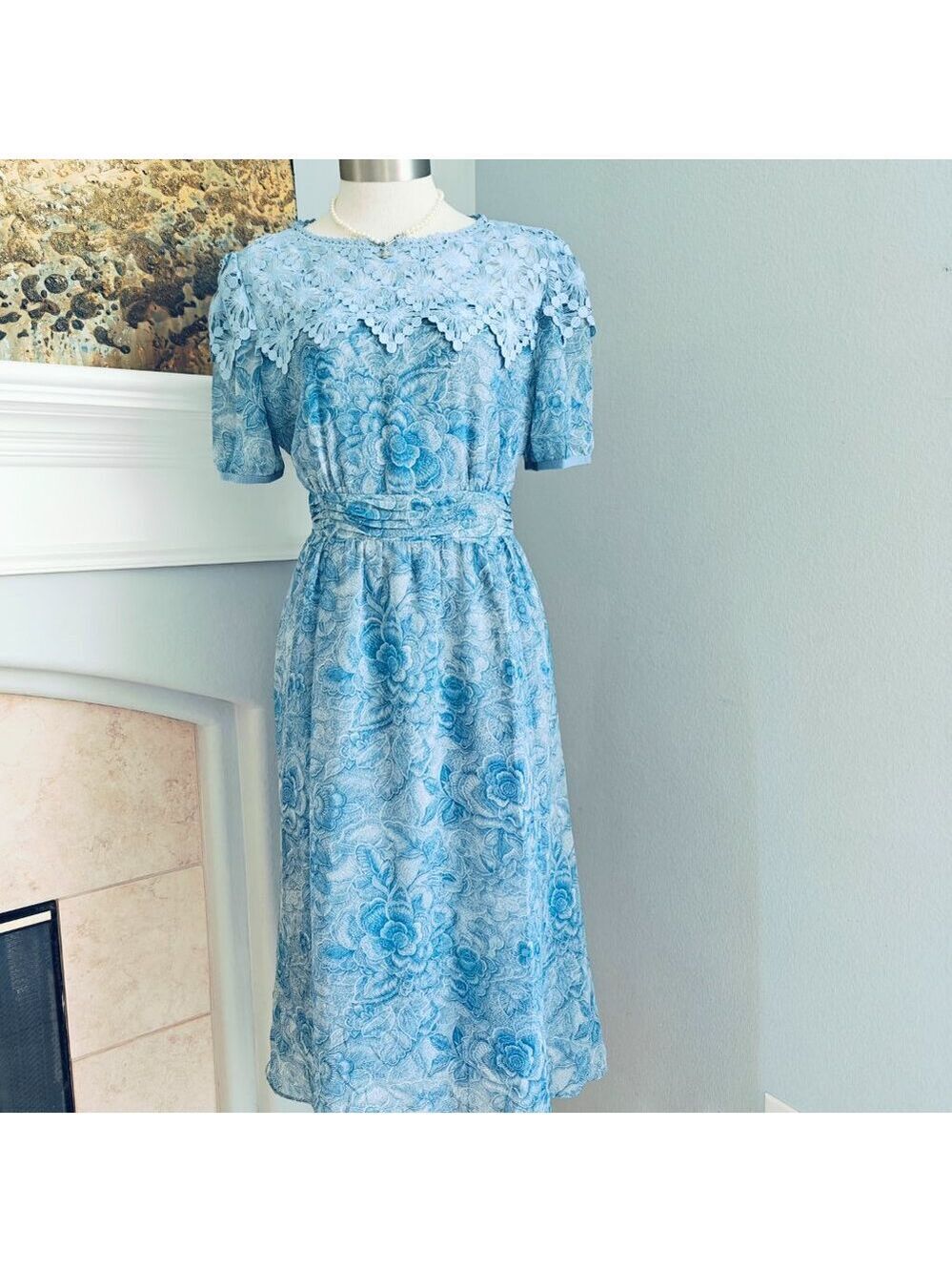 💙 Vintage-style Blue Floral Chiffon Dress (NWT)